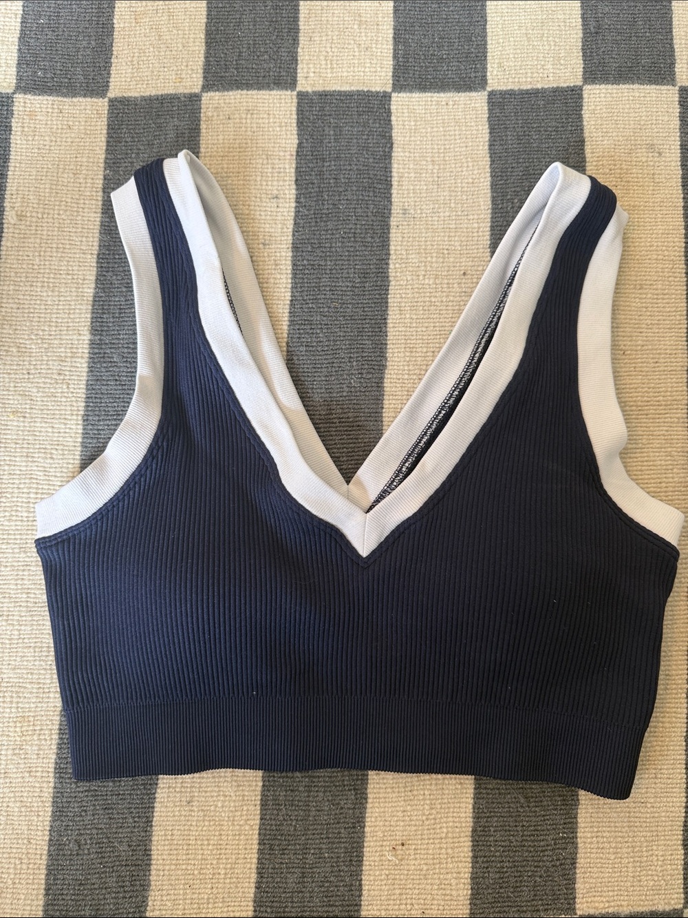 Aerie Offline Ribbed V-Neck crop top or tennis top - Navy with White Trim